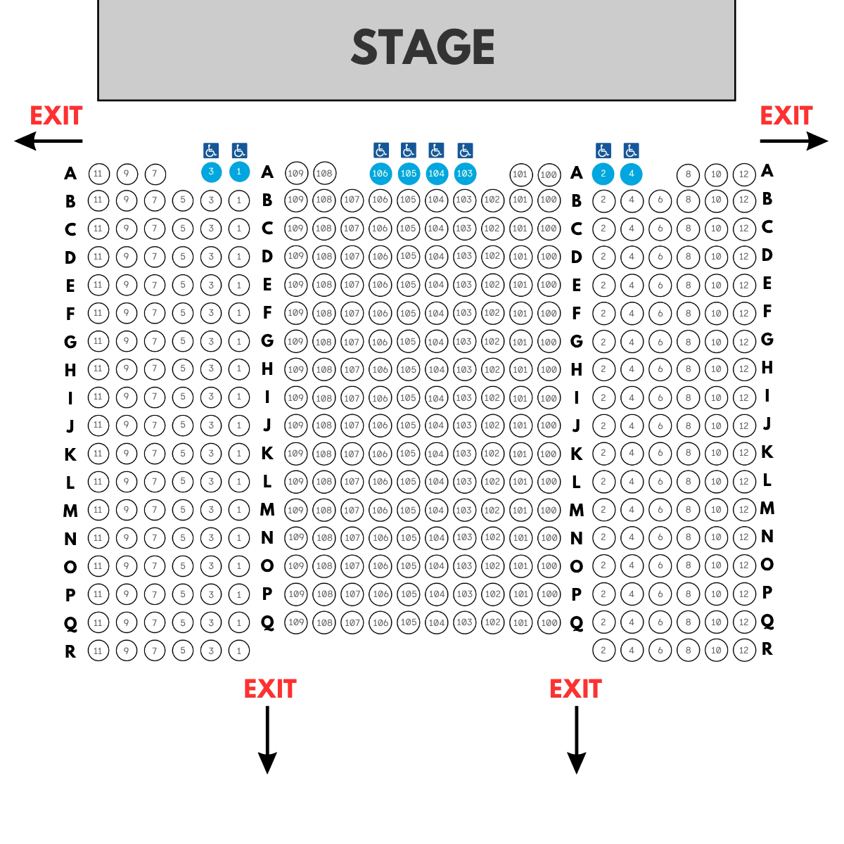 Woodstock Town Hall Theatre seating chart: Left, Center, and Right sections in rows A through R facing the stage, with wheelchair-accessible seats marked in row A and exits at the four corners of the house