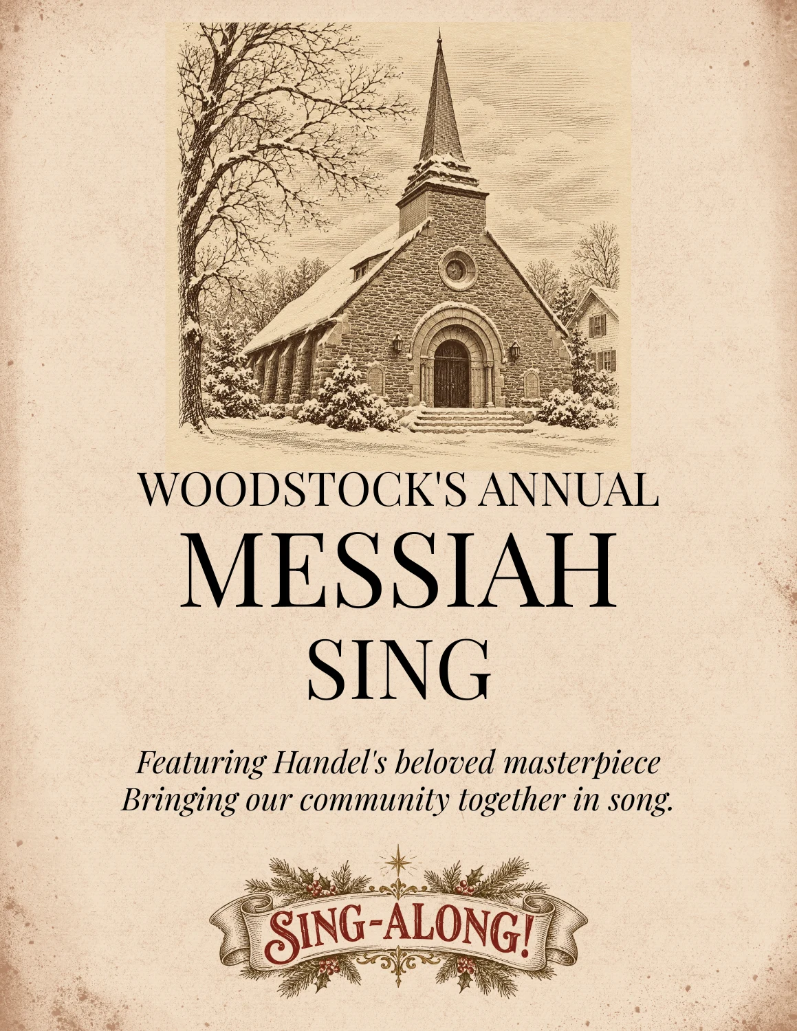 Woodstock's Annual Messiah Sing artwork with a winter church engraving and SING-ALONG banner