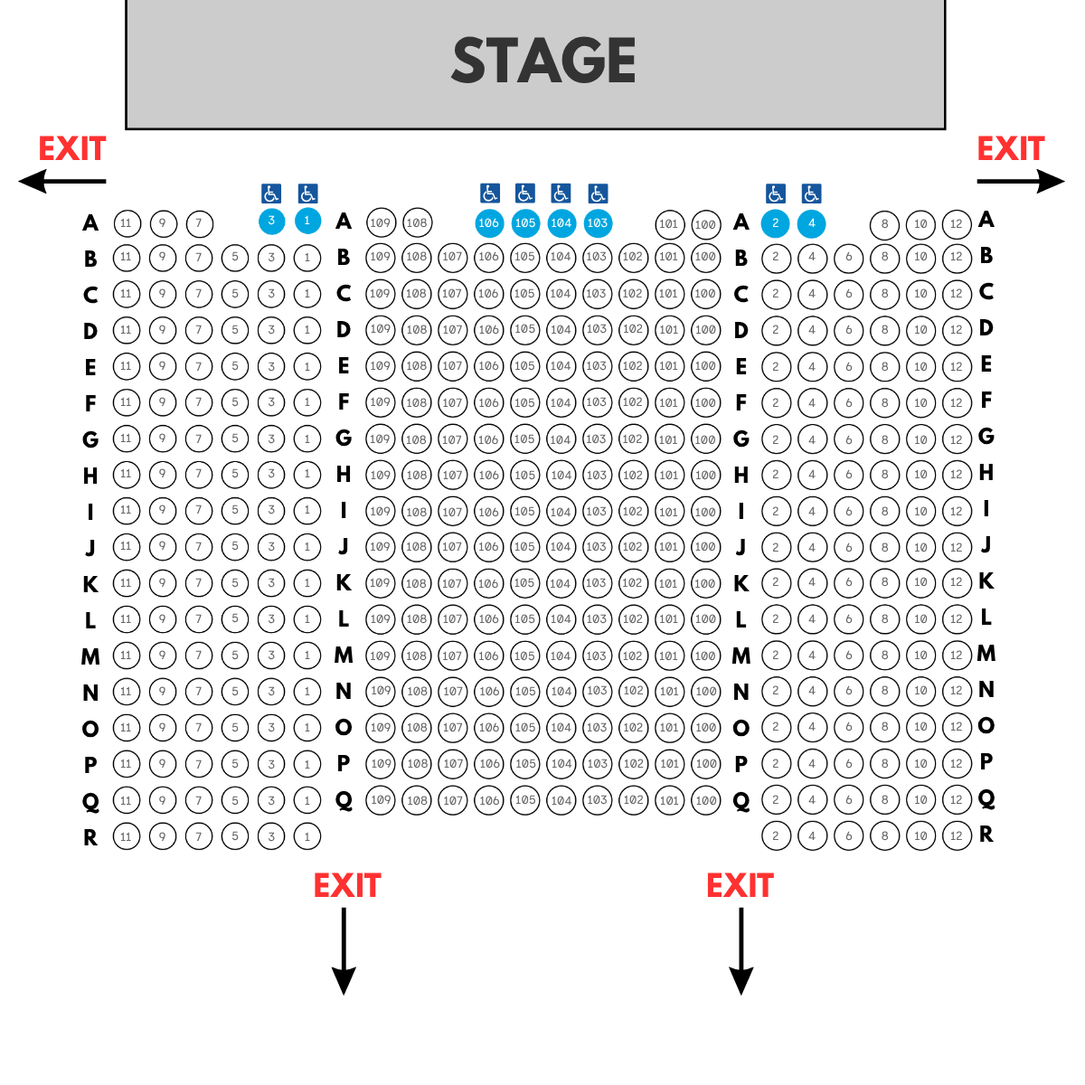 Woodstock Town Hall Theatre seating chart: Left, Center, and Right sections in rows A through R facing the stage, with wheelchair-accessible seats marked in row A and exits at the four corners of the house