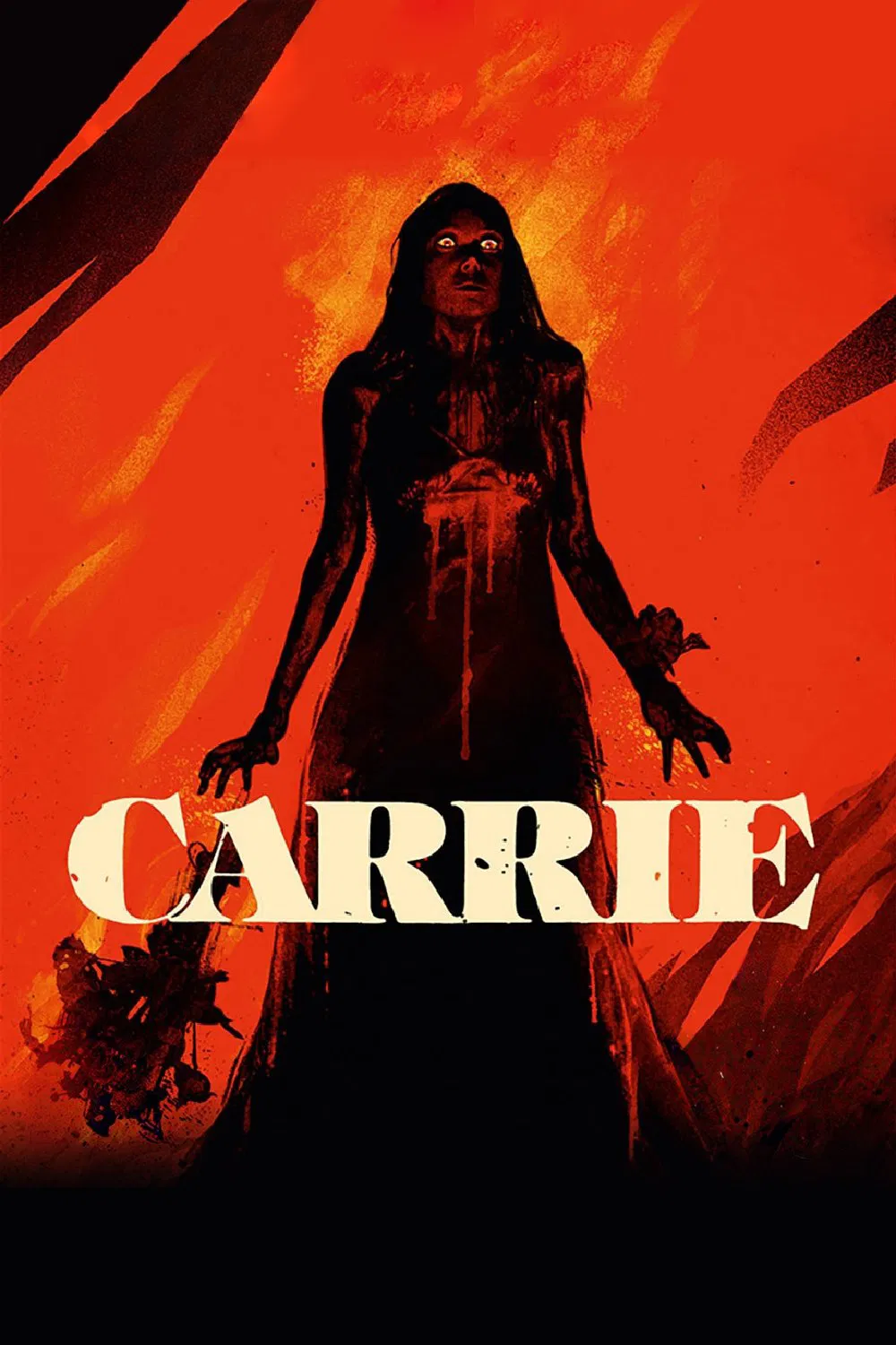 Carrie poster showing Carrie standing against a fiery red-orange background, her dark figure splattered with blood beneath the film’s large white title.