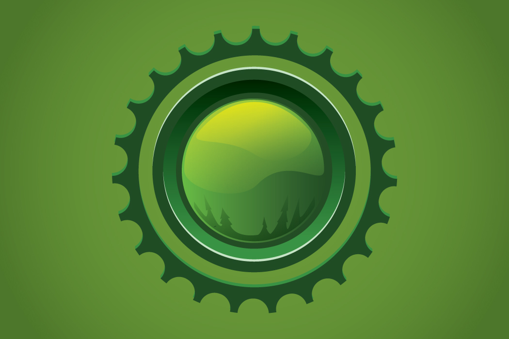 Green bicycle chainring surrounding a circular mountain landscape with evergreen trees, set against a textured green background.