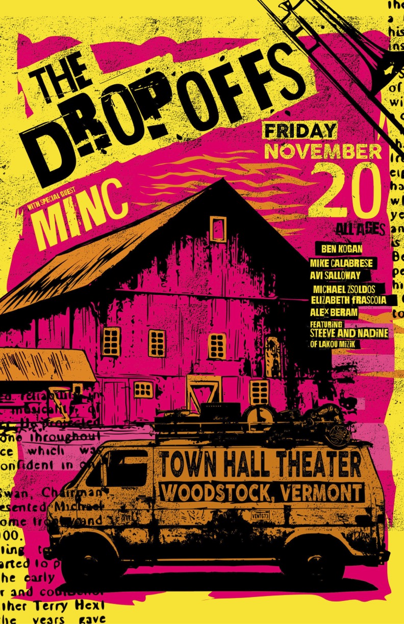 Bright yellow, pink and black poster for The Drop Offs at Woodstock Town Hall Theatre, featuring a stylized barn and vintage vehicle.